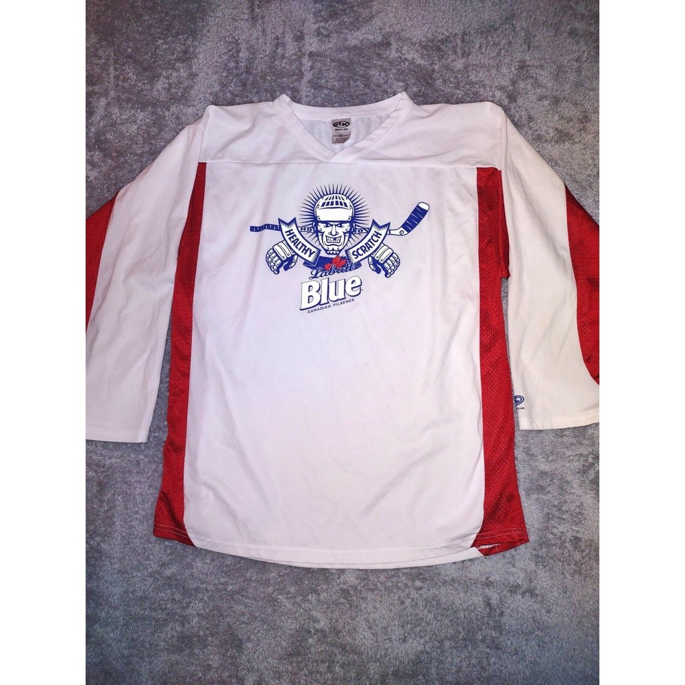 Labatt Blue Hockey Jersey Athletic Knit Healthy Scratch WhiteRed L Canadian Beer